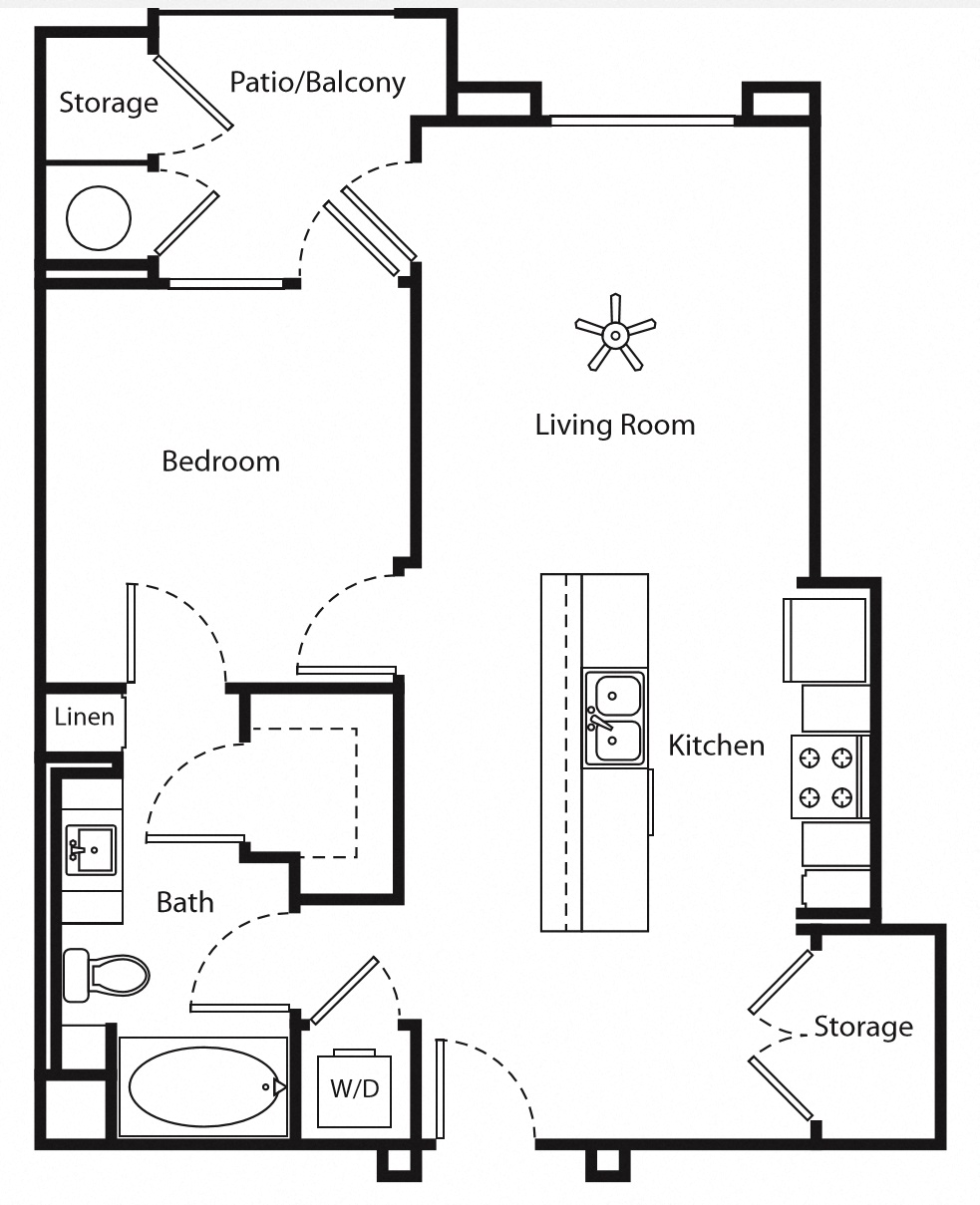 Floor plan for 1 bed, 1 bath, 766 sqft